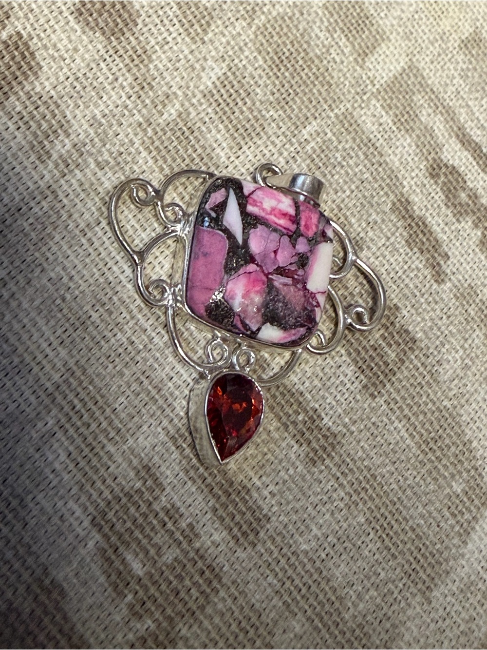 Pink Jasper Mosaic Pendant with Garnet Teardrop Accent